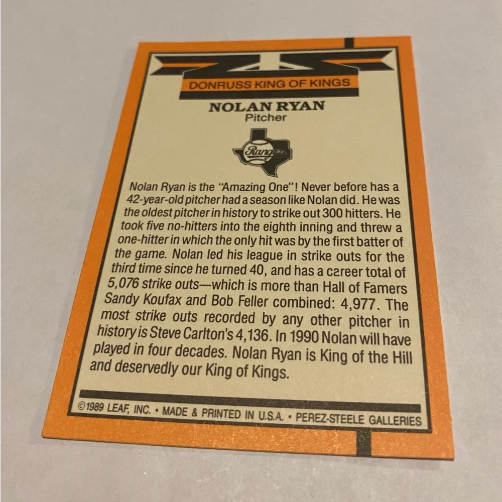 Nolan Ryan Rare Error! 1989 *(No Card # 665)Donruss King of Kings Baseball